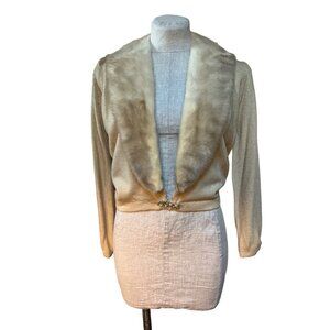 40s-50s Vintage Women’s Cashmere Sweater Mink Collar Beige Neutral Luxury Medium